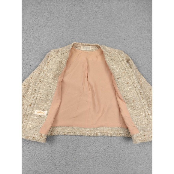 Vintage Pendleton Blazer Womens 12 Beige 100% Wool Tweed Fringe Collarless - Picture 2 of 8